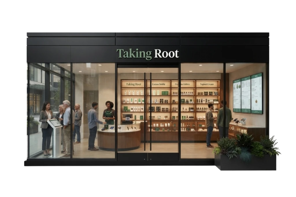 A dispensary sales floor showing a self-service kiosk, checkout counter, product shelving, and digital menu screens
