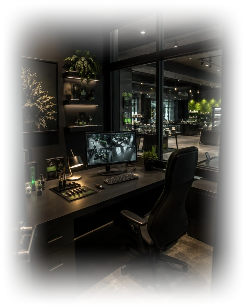 A dispensary security and monitoring office desk with a multi-camera feed, overlooking the retail floor through glass