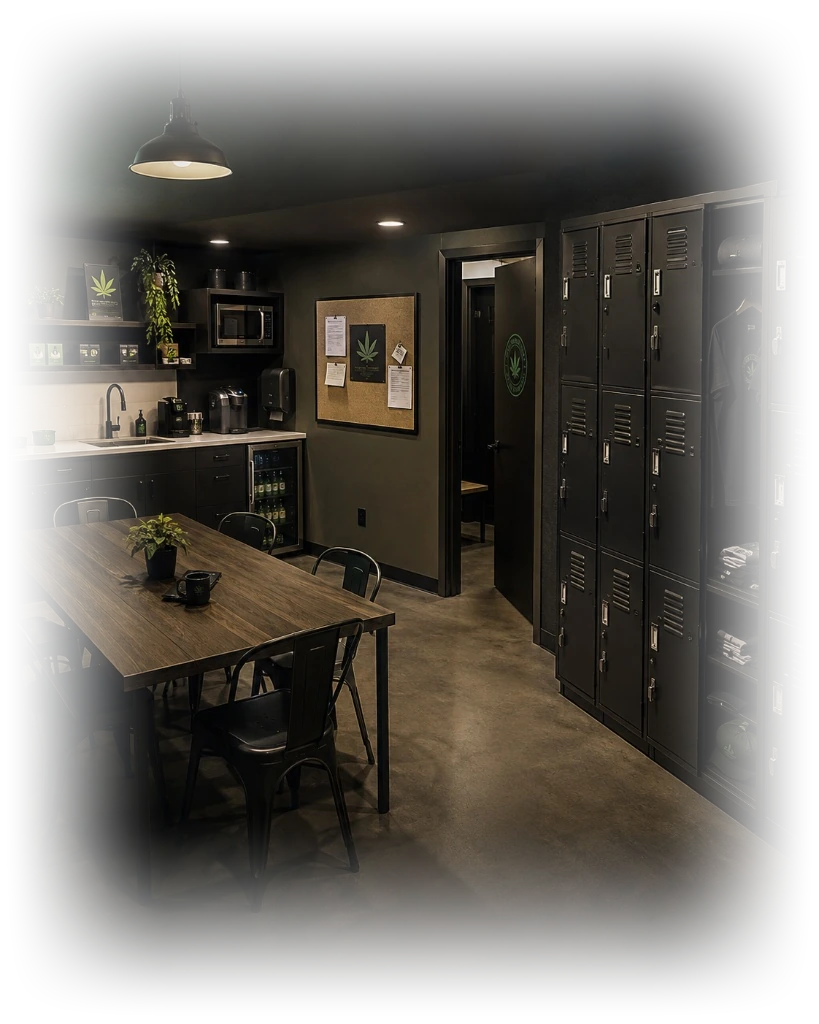 A dispensary staff break room with a dining table, kitchenette, and a wall of open employee lockers
