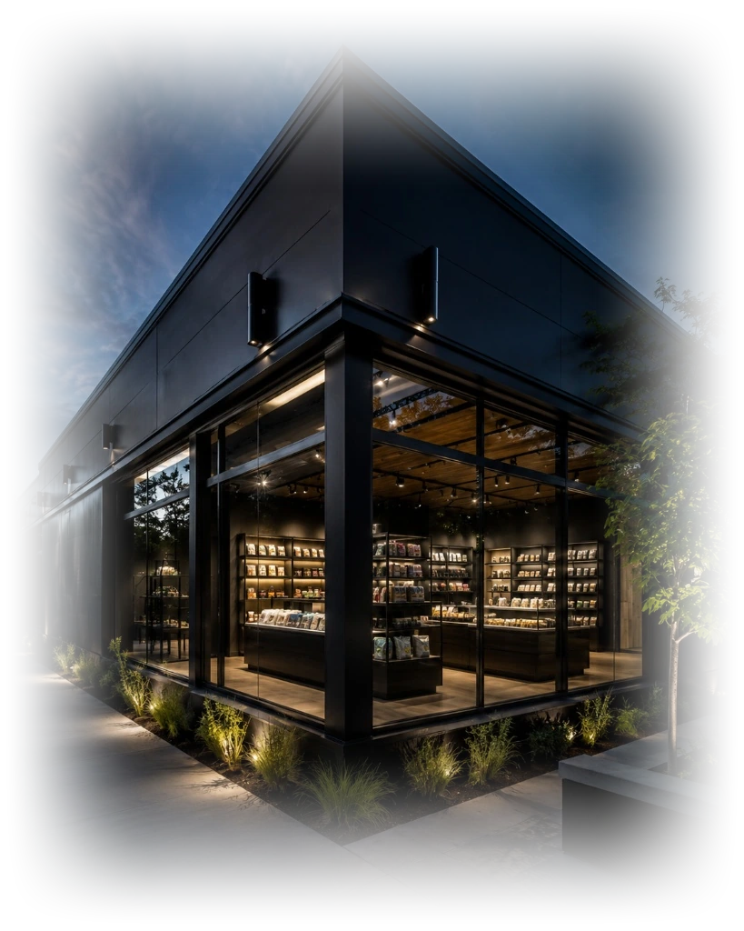 An illuminated modern dispensary storefront at dusk, viewed from the exterior corner with landscaping