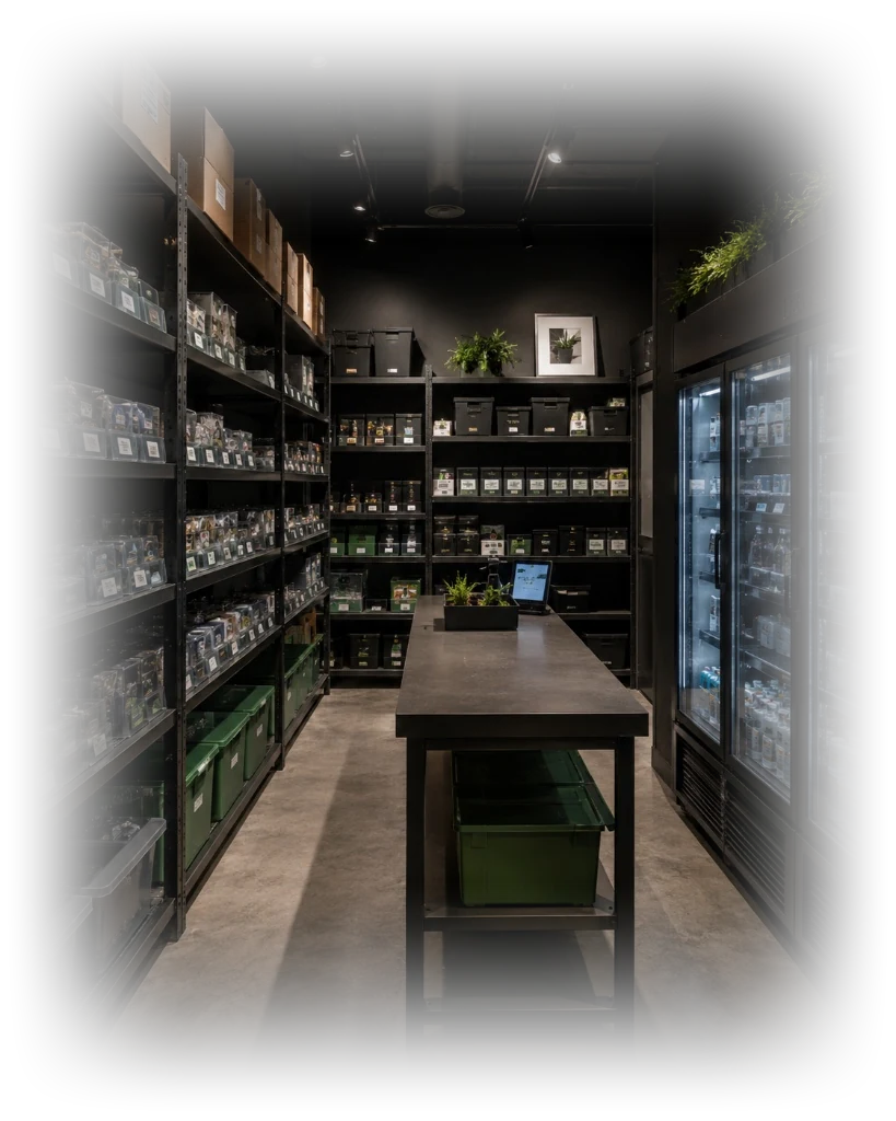 An organized cannabis storage room with labeled shelving, sorted bins, and commercial coolers