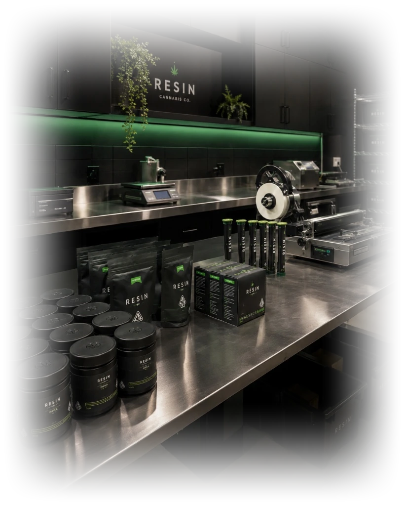 A cannabis packaging and labeling workstation with a scale, sealer, jars, and branded bags ready for fulfillment