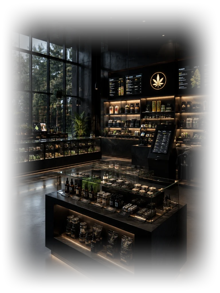 A cannabis retail sales floor with illuminated product displays, a glowing leaf logo, and a glass merchandising island