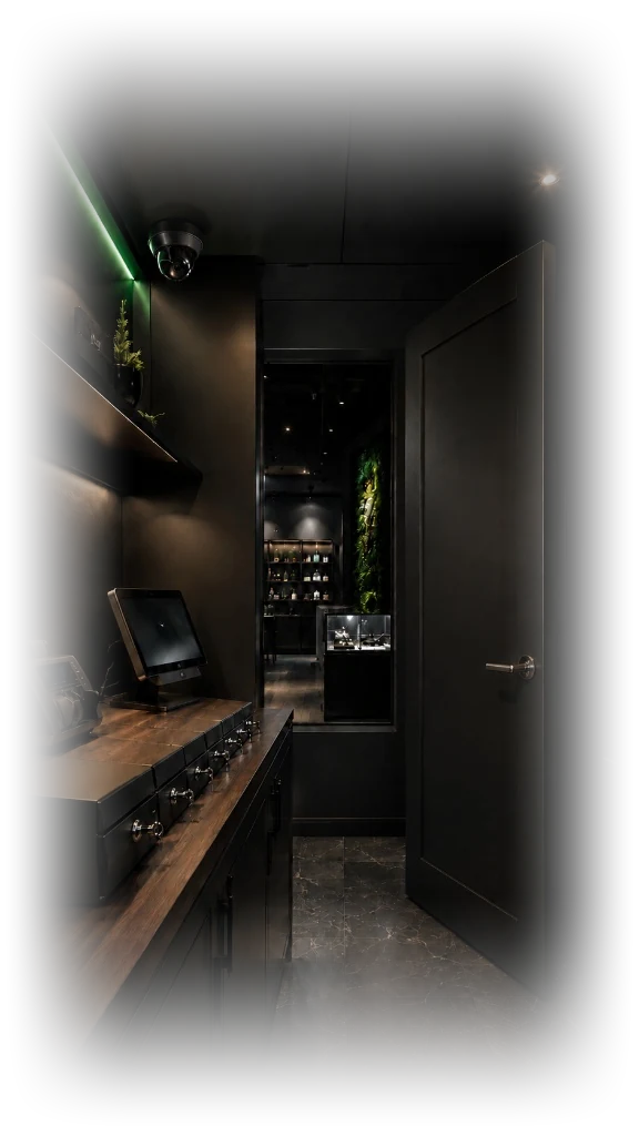A dispensary checkout counter with a point-of-sale system next to a secure back display room