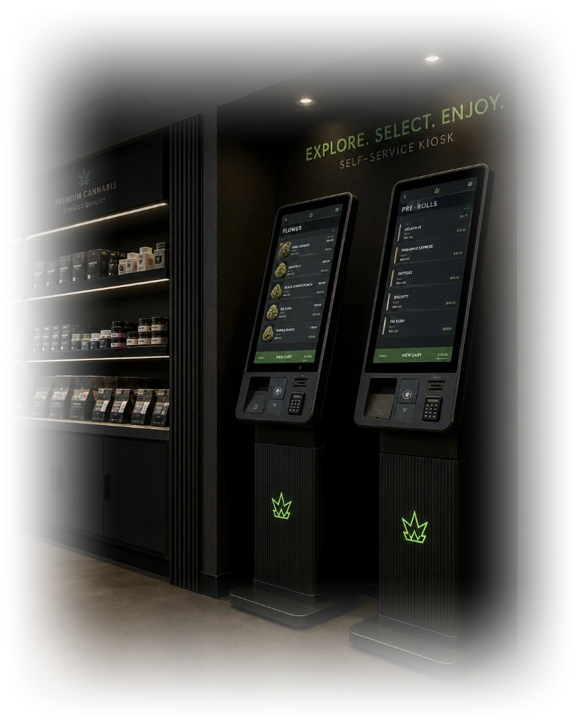 Two self-service ordering kiosks glowing under an 