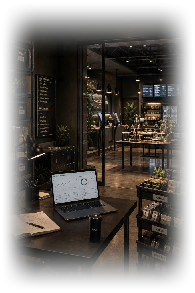 A workspace desk with an operations dashboard on a laptop next to a wall-mounted daily-operations and performance checklist